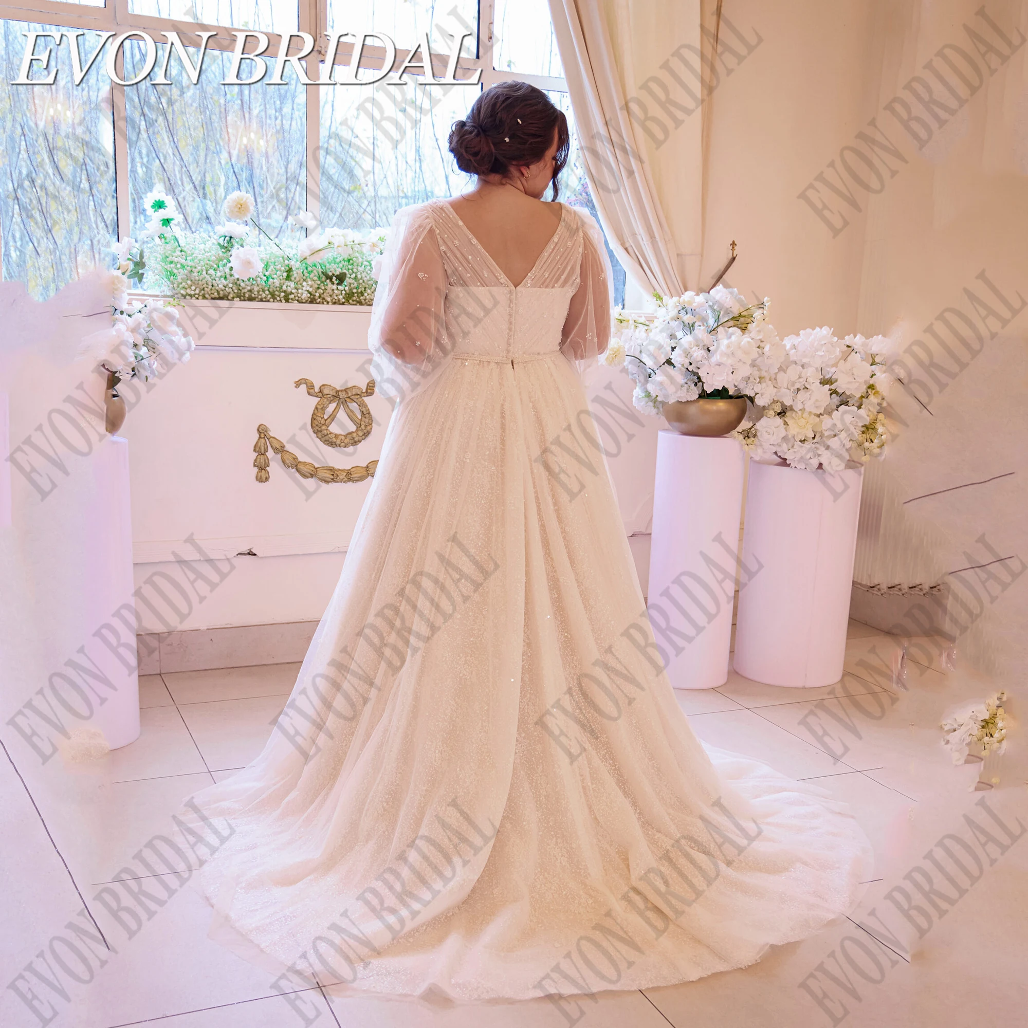Evon Braut funkelnden Plus Size Brautkleider Langarm V-Ausschnitt eine Linie Brautkleider für Frauen maßge schneiderte Vestidos de NoviaEVON BRIDAL Sparkling Plus Size Brautkleider Langarm V-Ausschnitt A Linie Brautkle