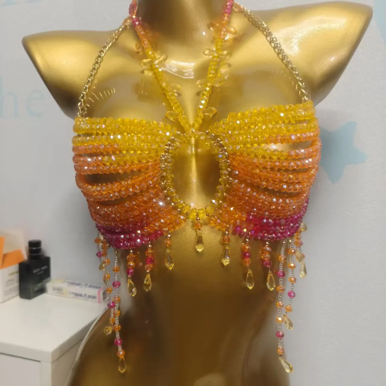 2026 Trending Carnival Vacation Outfit Handmade Sunset Beads Bra Body Chain Jewelry Fashion Women Tops Luxury Crystal Beaded Top