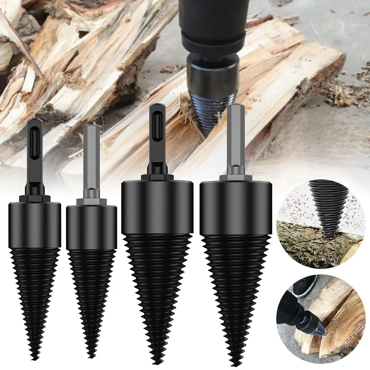 Wiertło do rozłupywania drewna 32/42 mm Wiertło stożkowe do rozłupywania drewna z kwadratowym uchwytem i uchwytem sześciokątnym Wytrzymała stal wysokowęglowa — zdjęcie 2