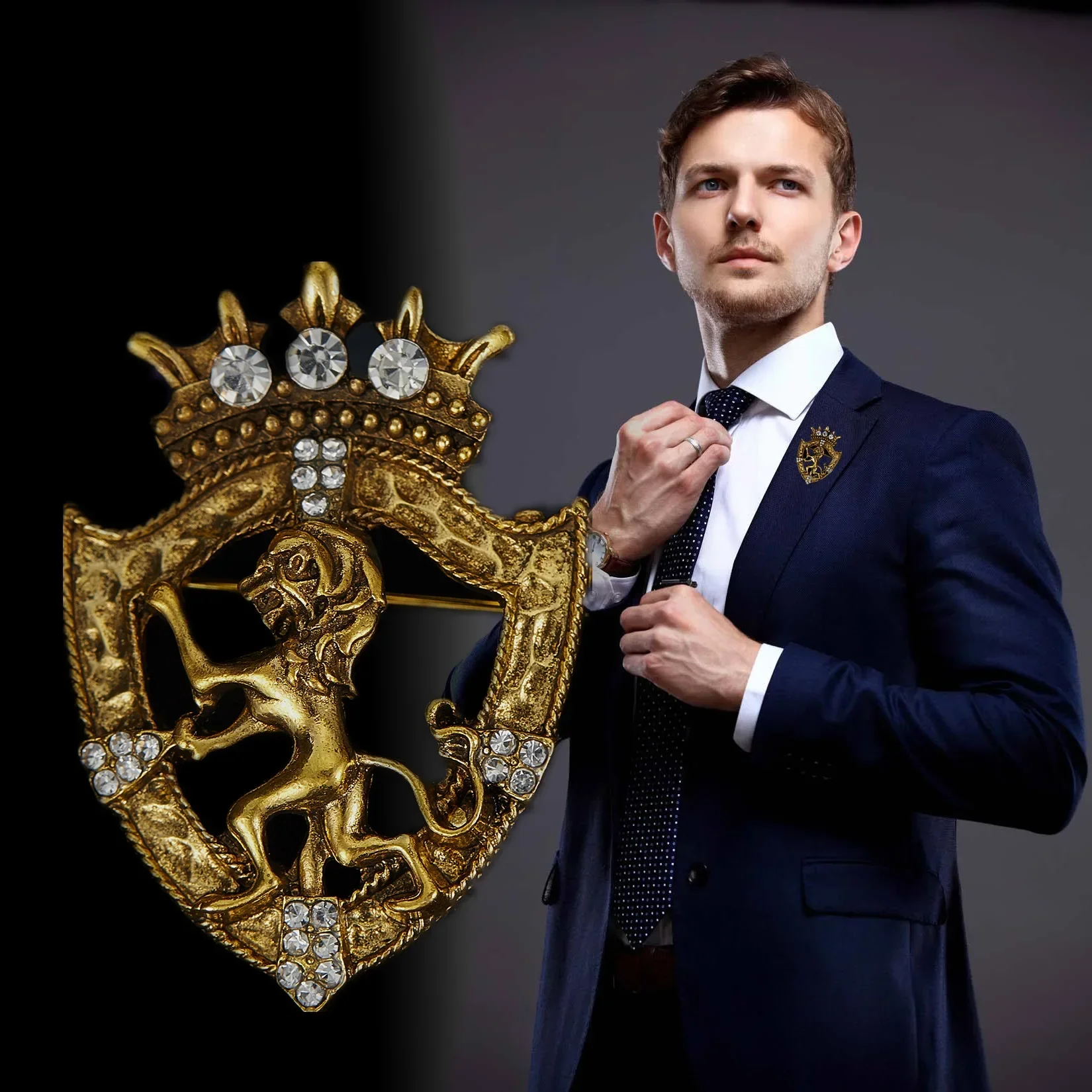 Retro Lion Shield Crown Animal Broszki Moda Męski garnitur Kołnierzyk koszuli Igła Odznaka Szpilki Biżuteria Mężczyźni Odzież Akcesoria — zdjęcie 2