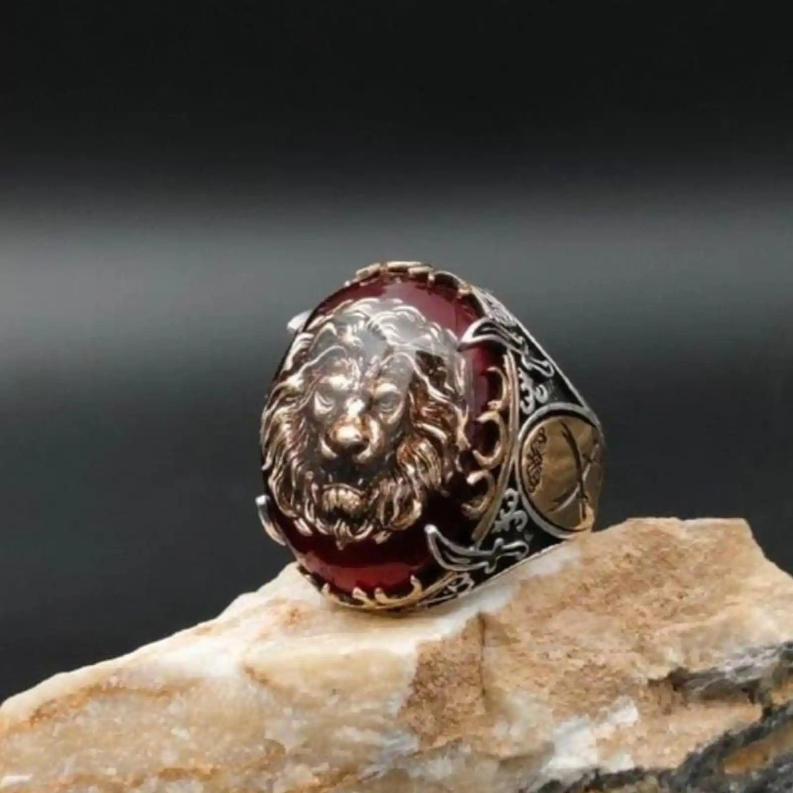 Red Stone Carved Lion Design Men's Silver Ring, Unique Alevi Jewelry with Zulfiqar Sword Decoration on the Sides