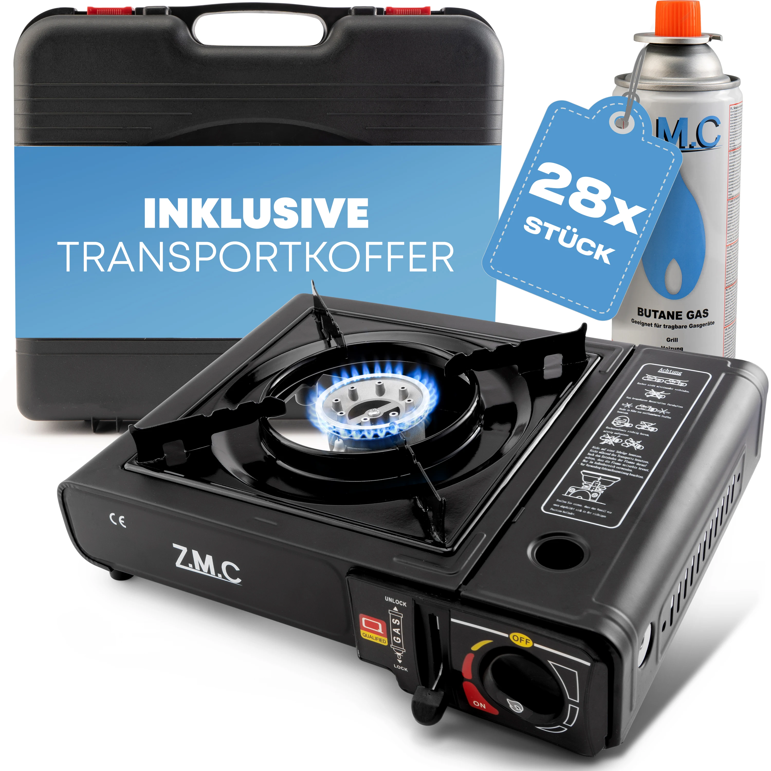 ZMC 1-pits gasfornuis incl. 28x Butaan gaspatronen 227g en adapter voor LPG + opbergkoffer, campingfornuis voor binnen en buiten gebruik, campinggasfornuis 2,2 kW met piezo-ontsteking