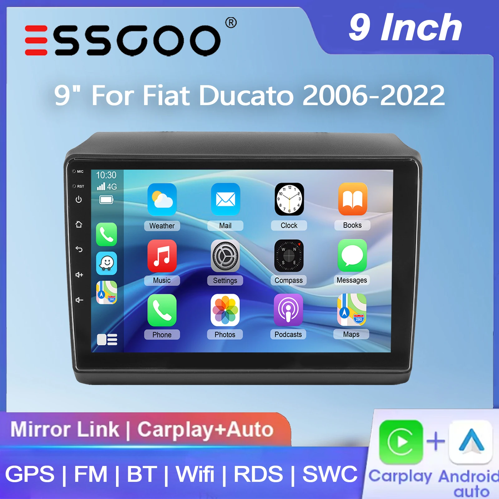 ESSGOO 9" Android 15 4+64G Carplay Wireless Android Auto per Fiat Ducato Peugeot Boxer Citroen Jumper Autoradio GPS Navigazione Radio FM BT WiFi RDS SWC Mirror Link ASP Lettore Multimediale Video IPS