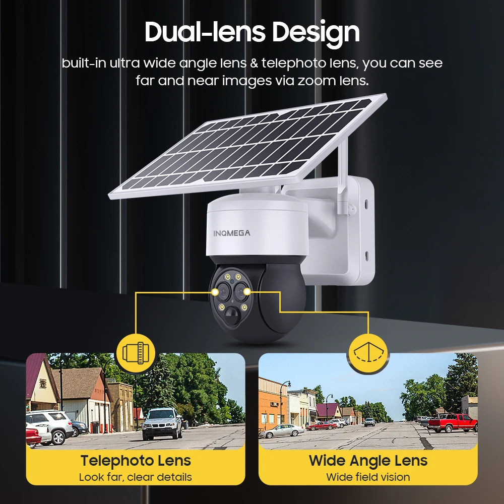 INQMEGA 6MP 4G SIM Solar Camera WIFI 6W Solar Panel PIR Human Security Protection Dual Lens Surveillance CCTV Night Vision Cam