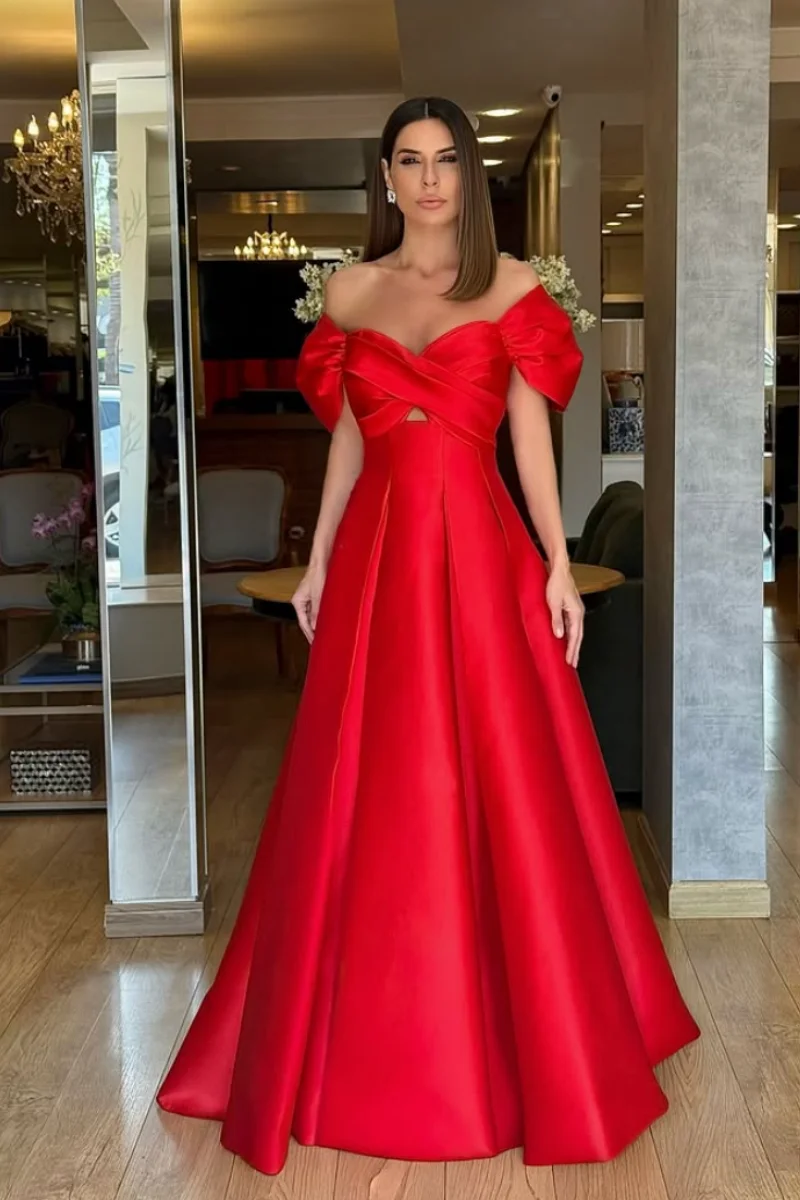 Jessica Sexy Off-shoulder Lady Evening Dresses Red Satin Prom Dresses A-line Formal Occasions Vestidos De Gala Customized