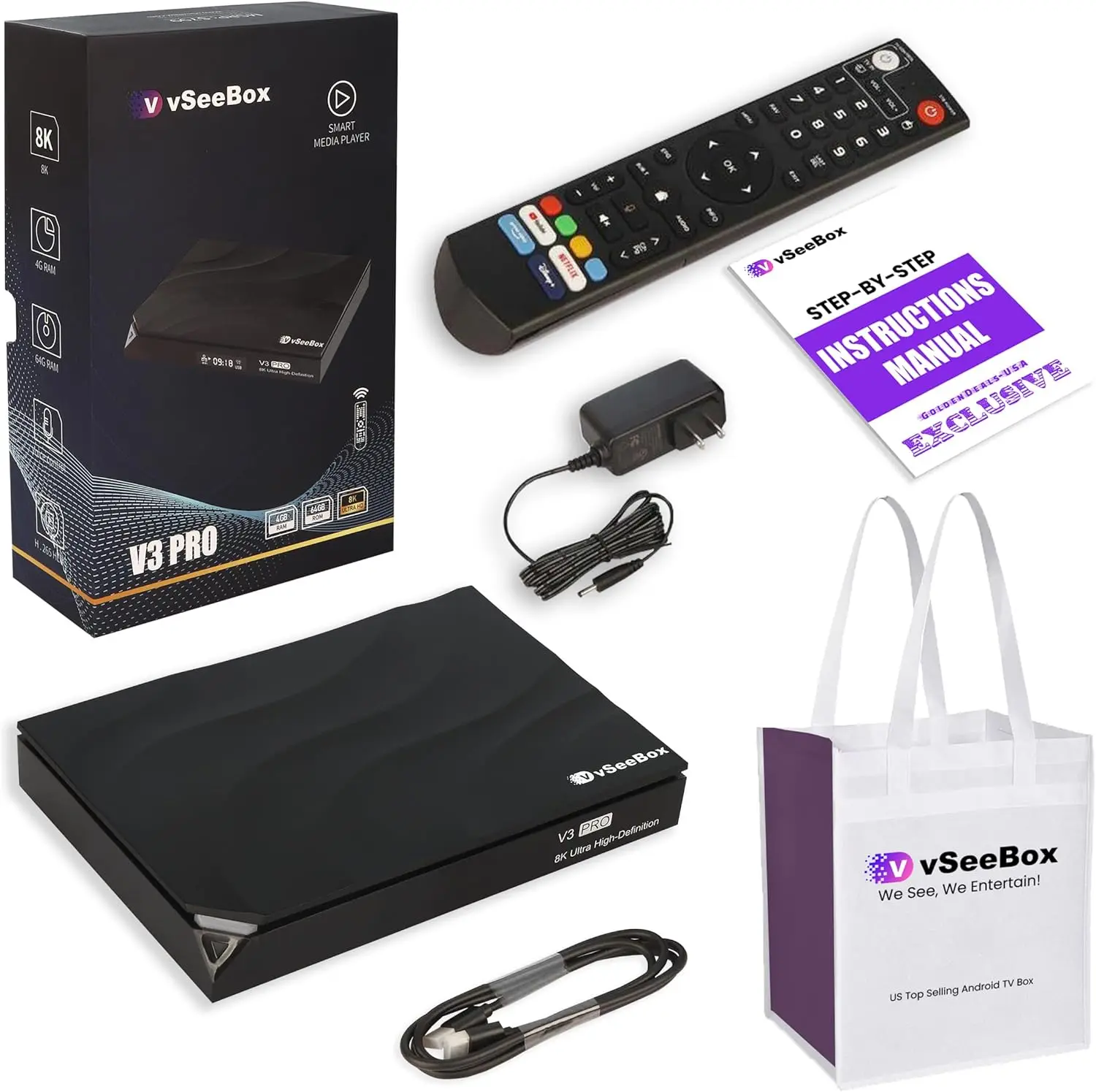 VSeeBox-mando a distancia para vSeeBox V3 Pro 8K, incluye bolsa de mano reutilizable, guía de configuración detallada, novedad de 100%, compre 2 y Obtenga 1 gratis