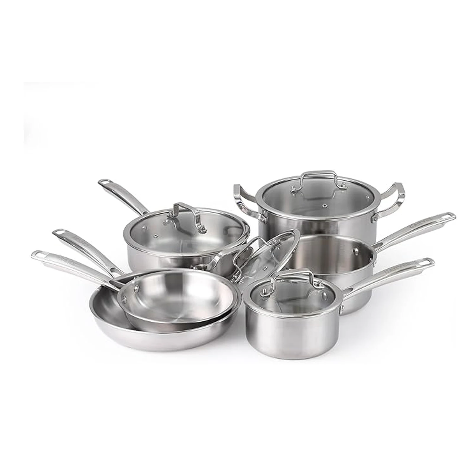 10-teiliges Edelstahl-Kochgeschirr-Set, Töpfe, Bratpfannen, Suppentopf, Kasserolle, Induktionskochfeld-Topf- und Pfannen-Set, dreilagig, antihaftbeschichtet, mit kühlbleibenden Griffen, PFOA-freies