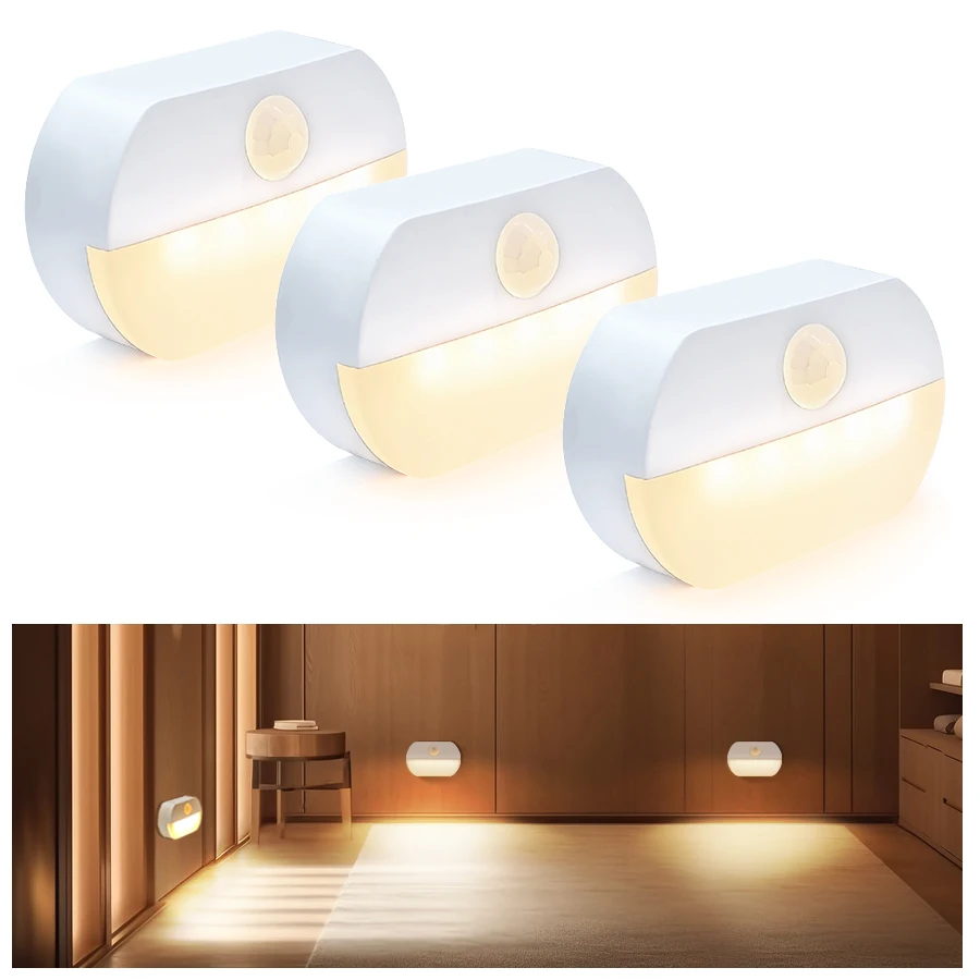 3 Pcs LED Night Motion Sensor Night Lamp AAA Battery Powered Led Lighting Bedside Lamp For Room Decor Home