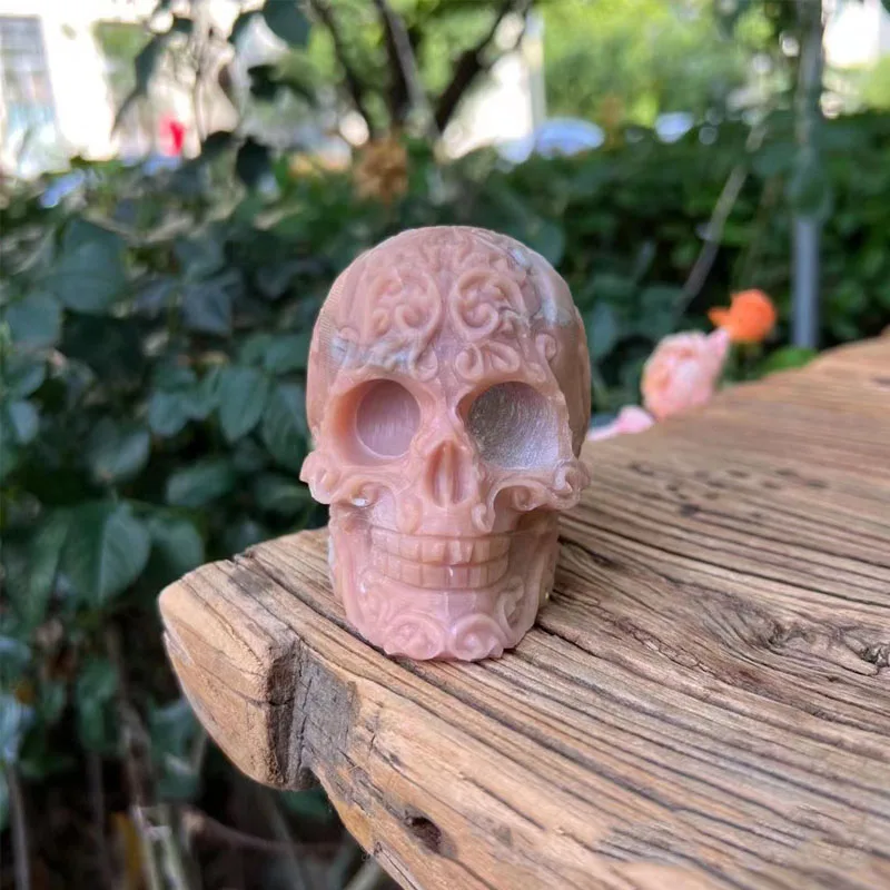 Natural Pink Opal Filigree Skull Intricately Carved Healing Quartz Crystal Stone Swirly Human Head With Gothic Scroll Pattern