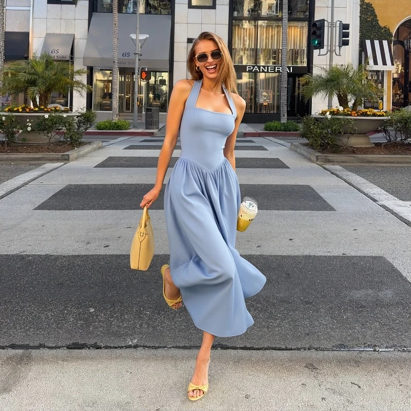 فستان نسائي متوسط الطول باللون الأزرق المريمية: مشد برقبة مربعة وتنورة واسعة على شكل حرف A - قماش منظم للخريف/أنيق رسمي متواضع #4