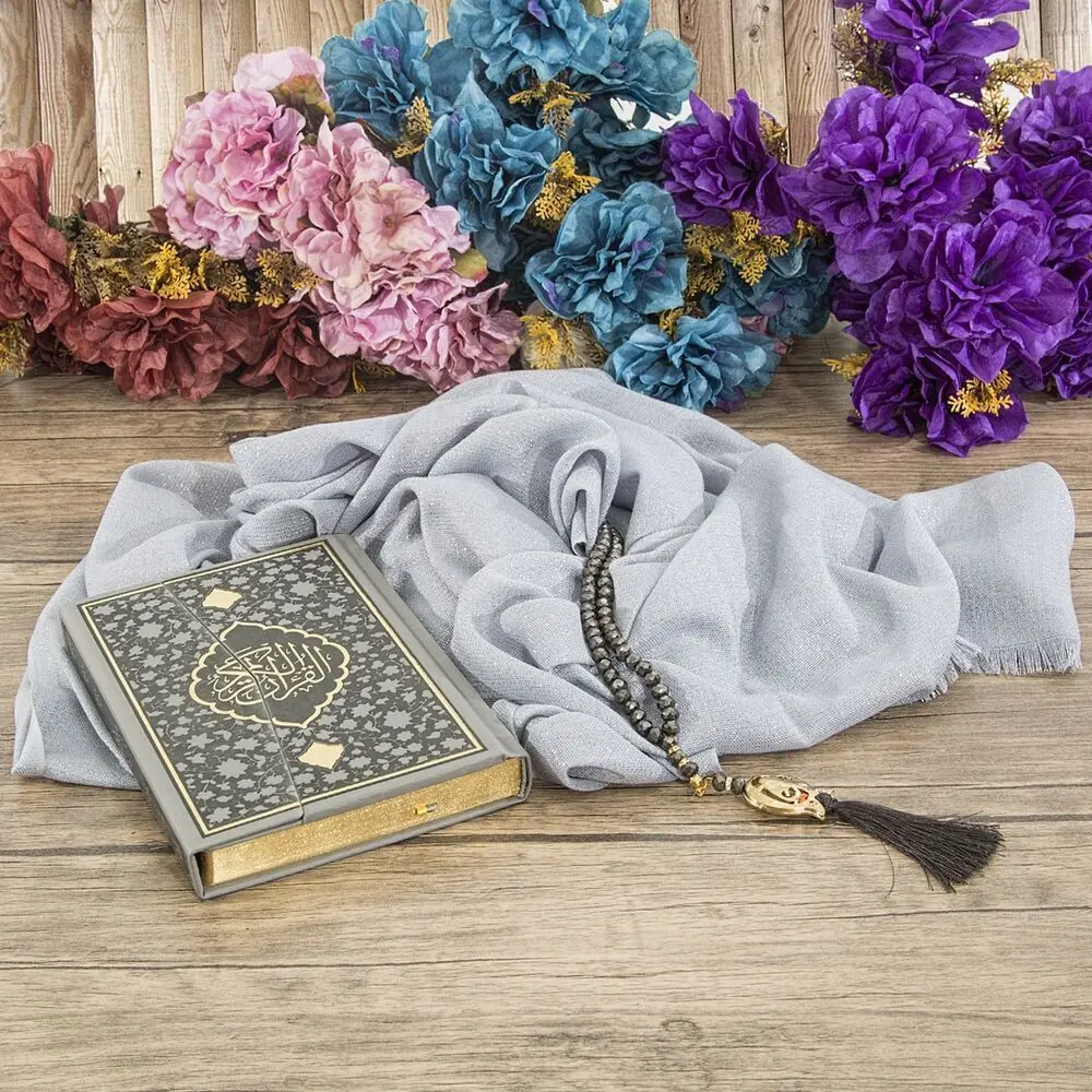 Special Design Wooden Box Black, Bag Size Quran Grey, Glittery Shawl, Crystal Rosary Gift Set.