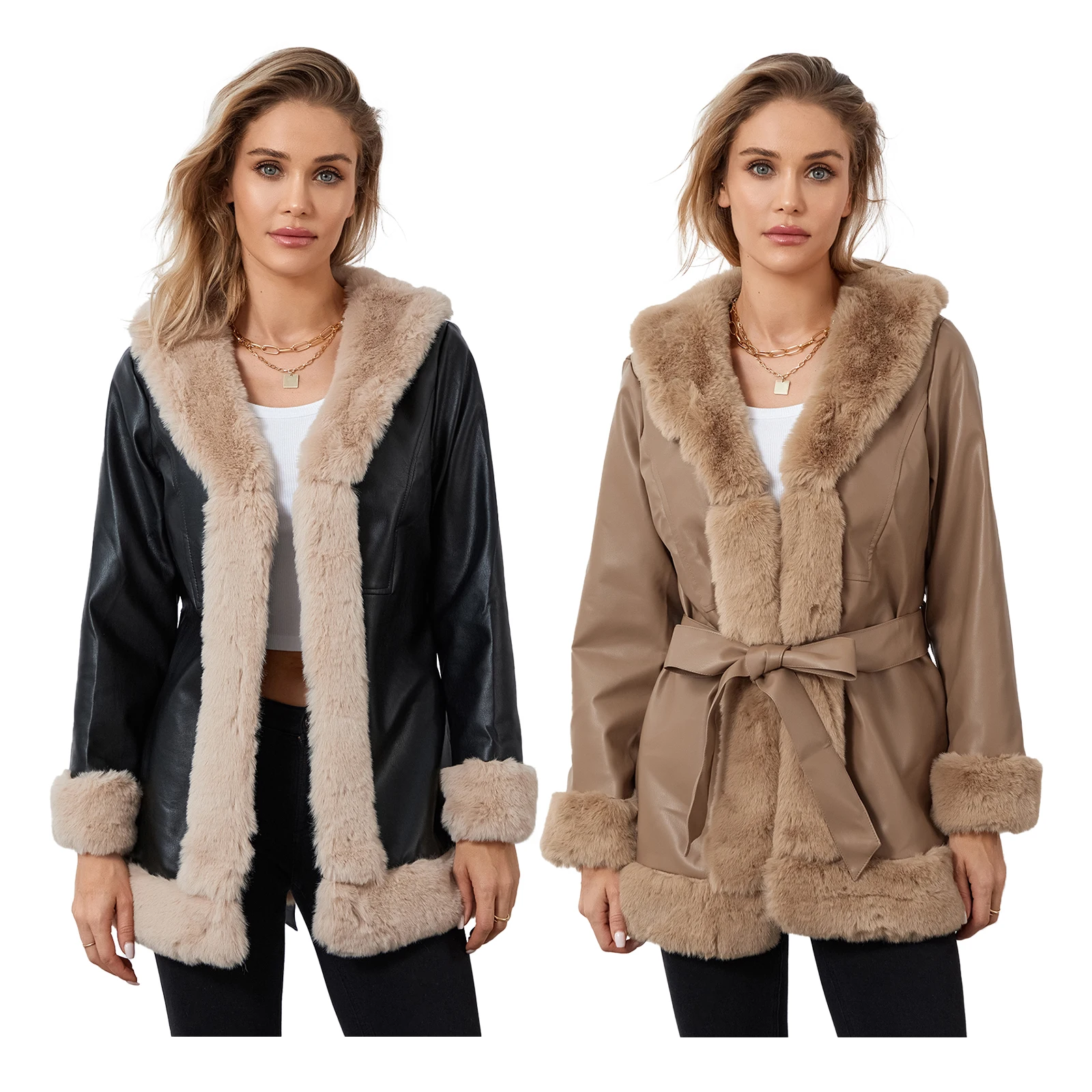 Dames leren open voorkant jas casual contrasterende kleur pluche kraag warm vest met riem uitloper streetwear