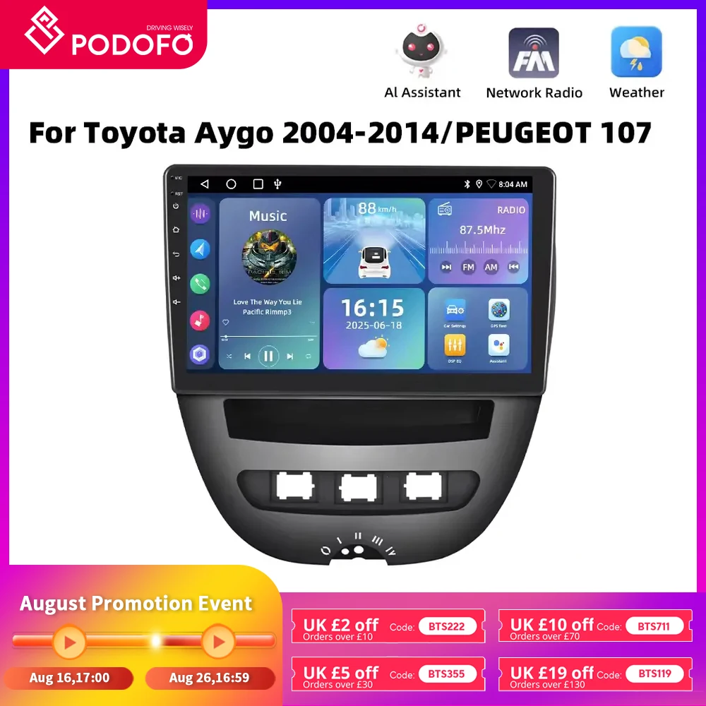 Podofo 2DIN Android Car Radio For Peugeot 107 Toyota Aygo Citroen C1 2005-2014 Android Auto Multimedia Navigation GPS Head Unit