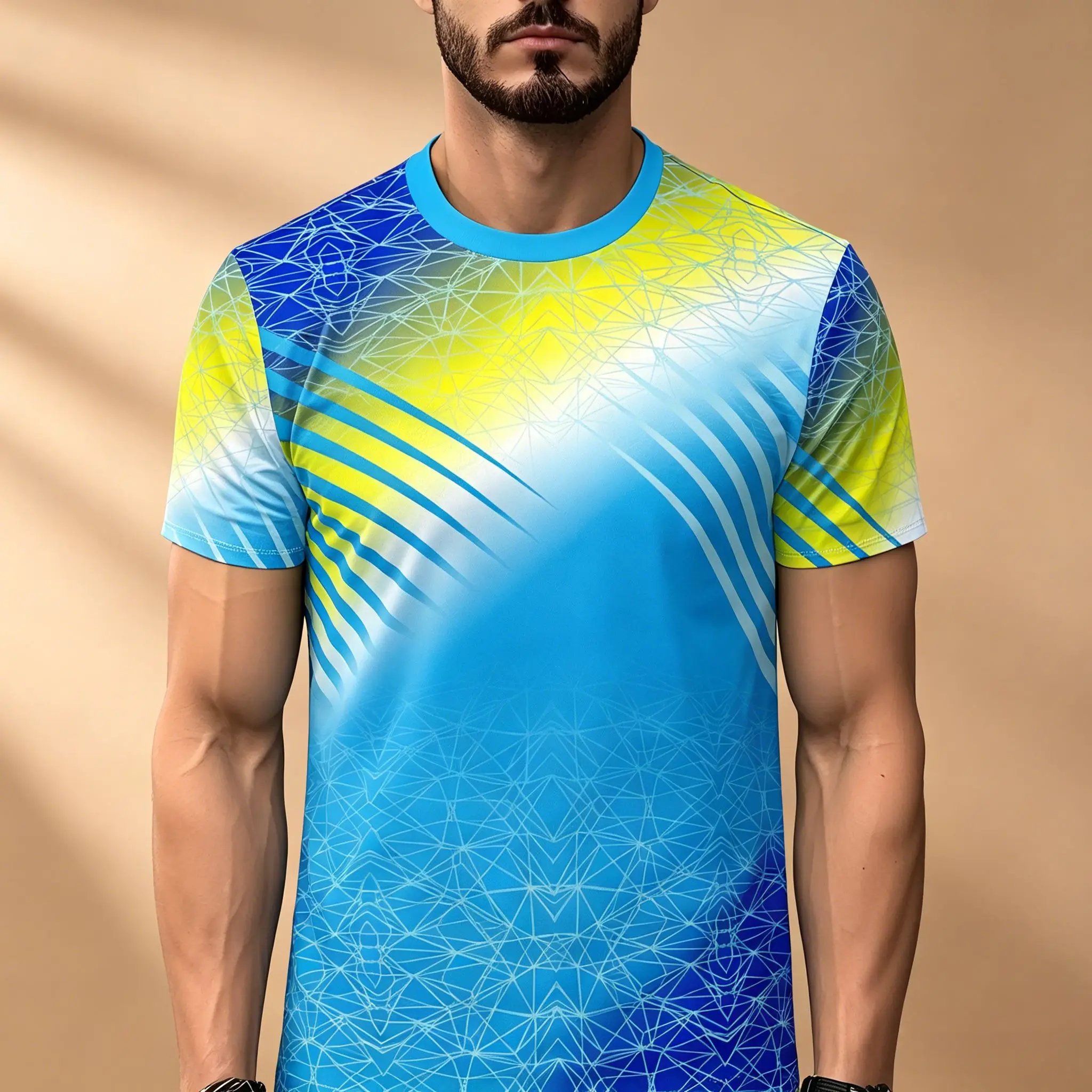 Camiseta Deportiva de Secado Rápido para Hombre, Azul y Amarillo Degradado, Malla Técnica con Estampado de Líneas, Suave y Transpirable, para Gimnasio, Running y Entrenamiento