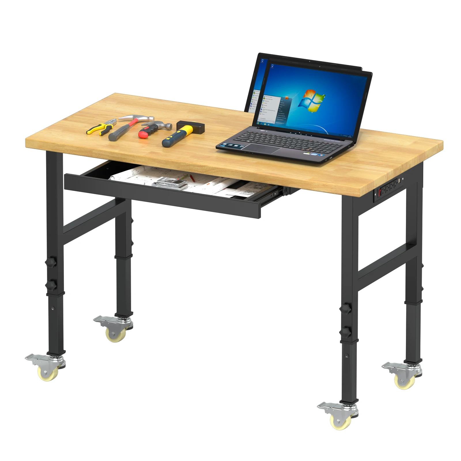 

Kieperi 48“ Rubberwood Work Bench Work Table with Wheels, Heavy Duty Adjustable Workbench with Power Outlet