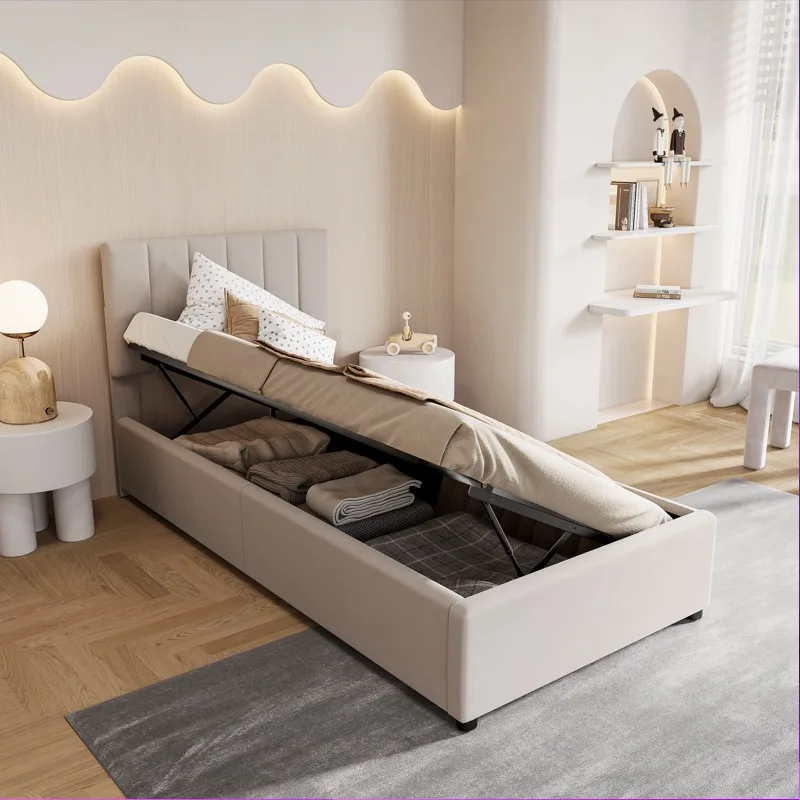 Comanlai Cama de muelles de 90 x 200 cm con caja de almacenamiento, cama individual tapizada con somier de láminas, juego de dormitorio completo, terciopelo, beige