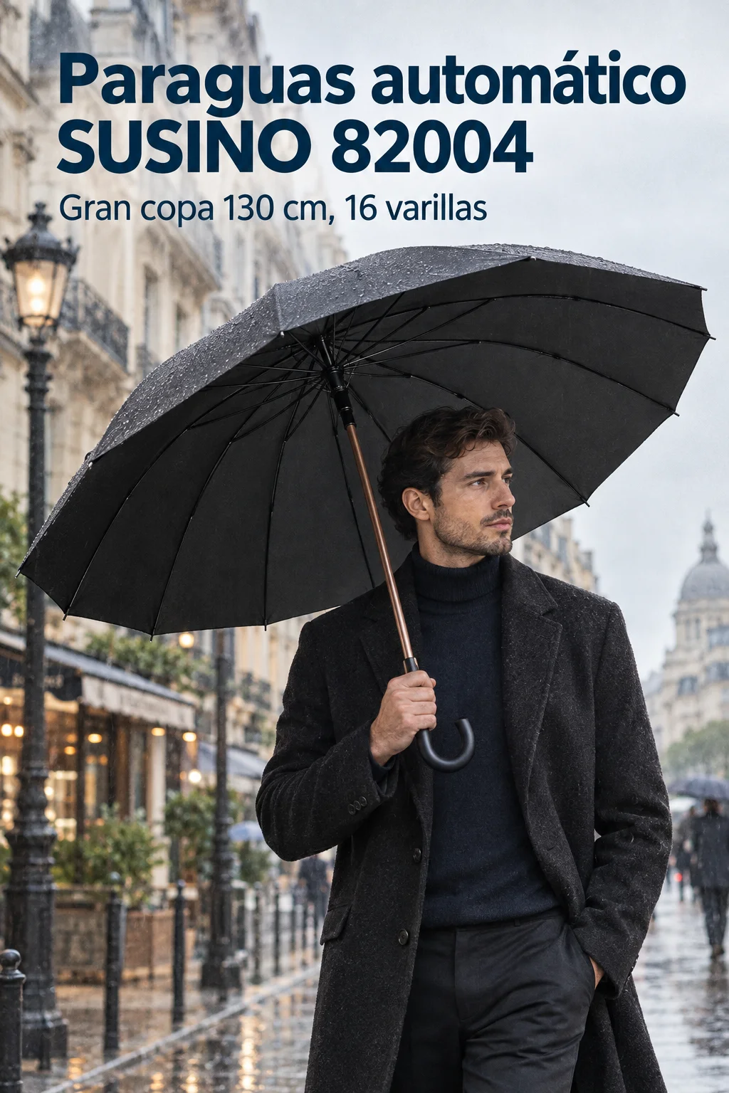 Ombrello lungo automatico Susino 82004, ombrello da strada con 16 stecche in fibra, ampia apertura 130 cm, manico curvo in gomma, struttura in alluminio antivento, tessuto impermeabile in pongee,