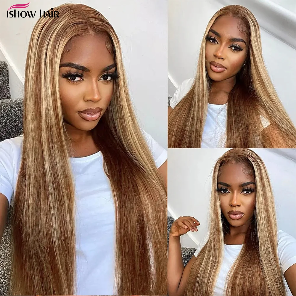 Highlight Wig Human Hair Wigs Straight 4x4 Lace Closure Wigs Brazilian 100% Human Hair Ombre Honey Blonde 4x4 Lace Closure Wig