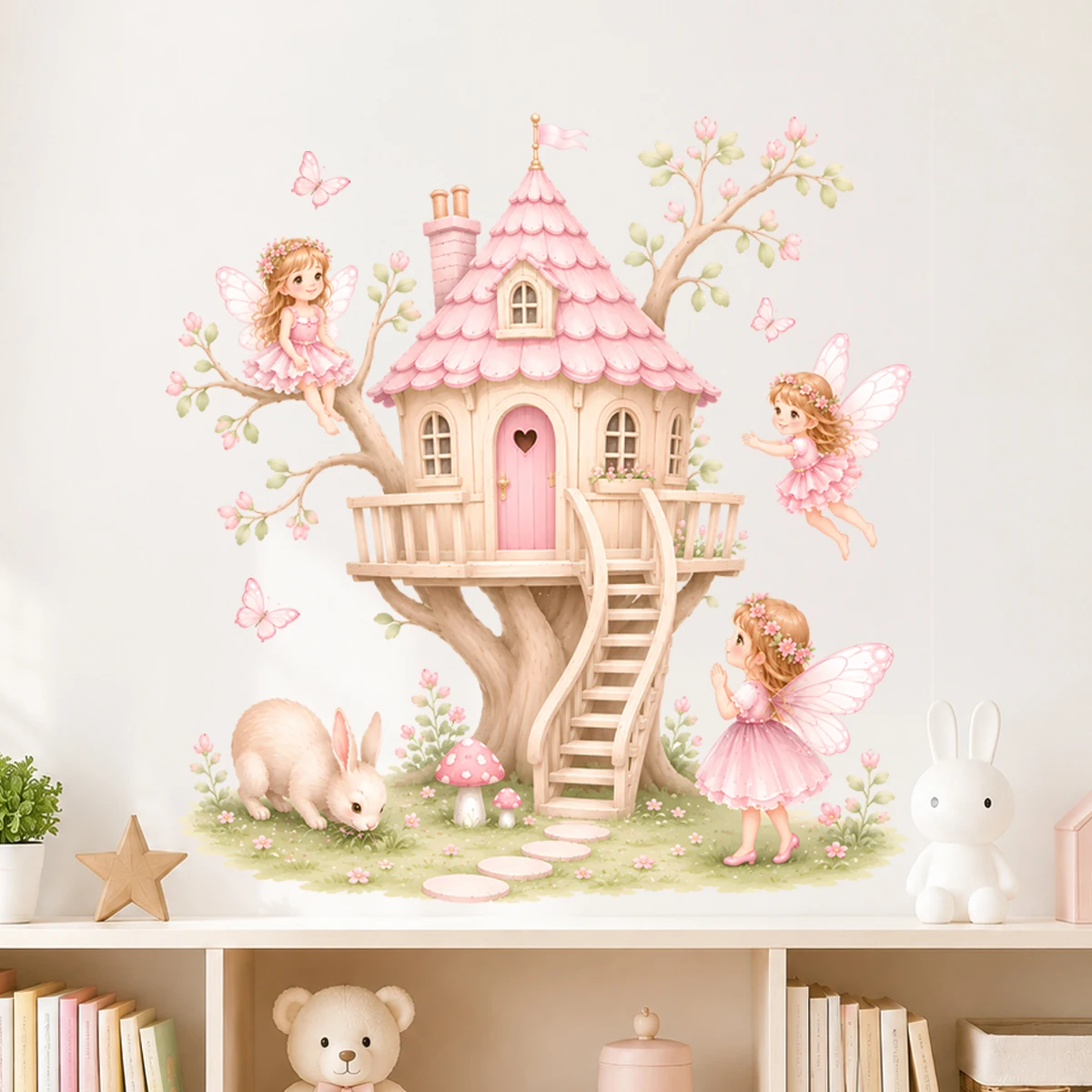 Fairy Treehouse Wall Sticker, Girls Room Bedroom Decal, Pink Fairy Tale Home Decor, Removable DIY Vinyl Sticker