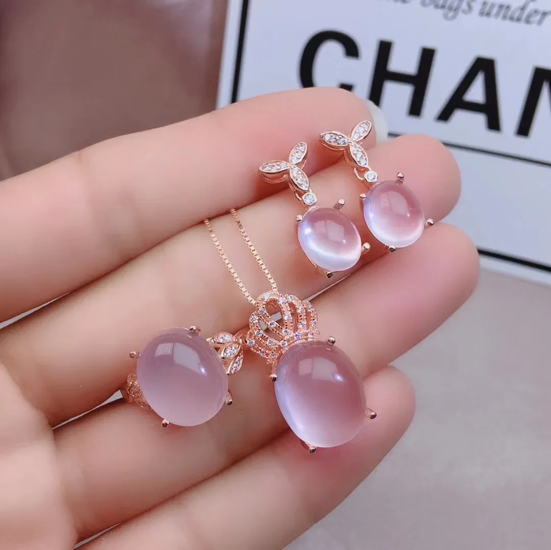

Jewelry Girl Natural Smooth Surface 10x14mm Pink Crystal Hibiscus Stone Jewelry Necklace Pendant Ring Set 925 Pure Silver Plated