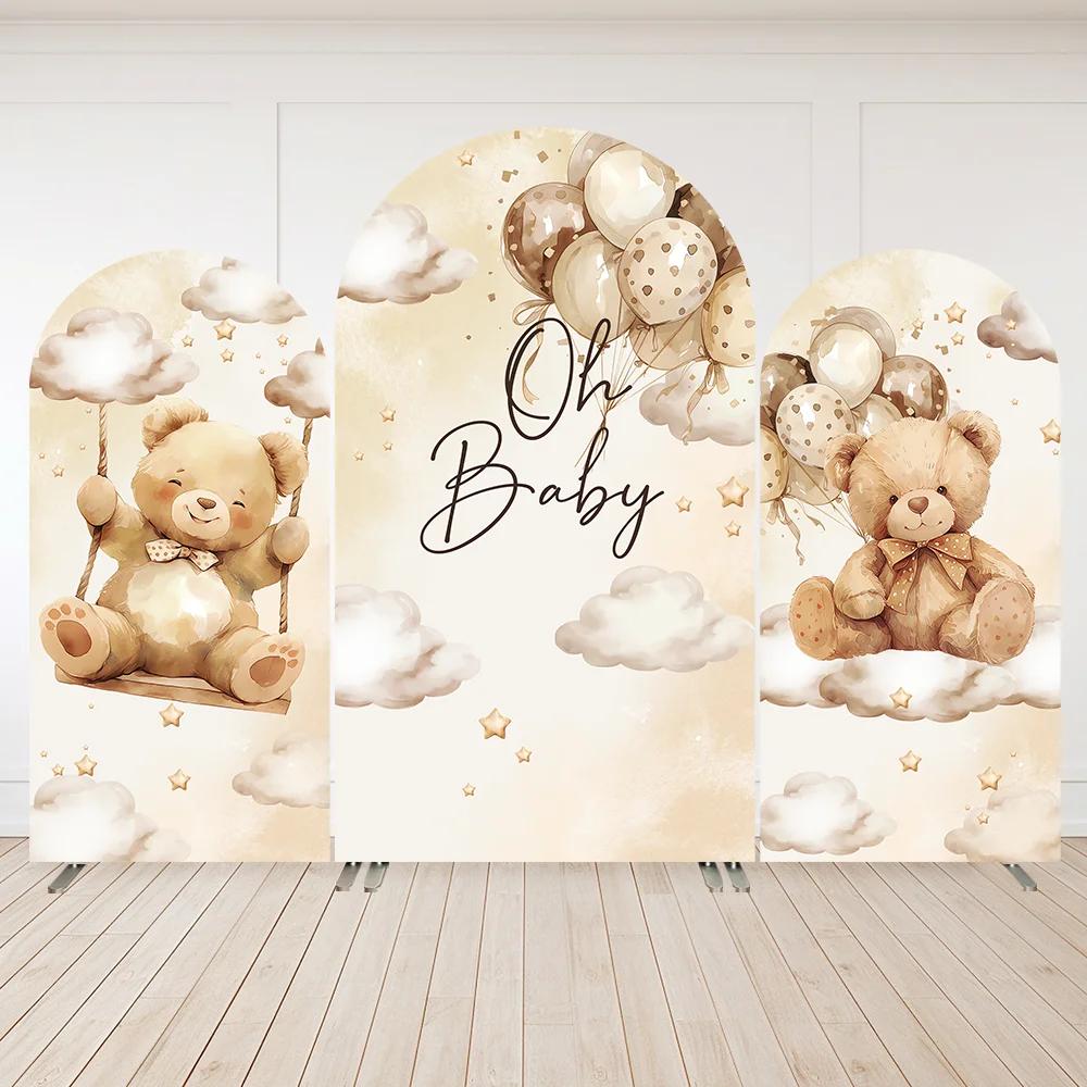 

Фон с изображением медведя 1-го дня рождения и арки, белые облака, воздушные шары, для детей, для душа, изогнутая стена, украшение для вечеринки, баннер