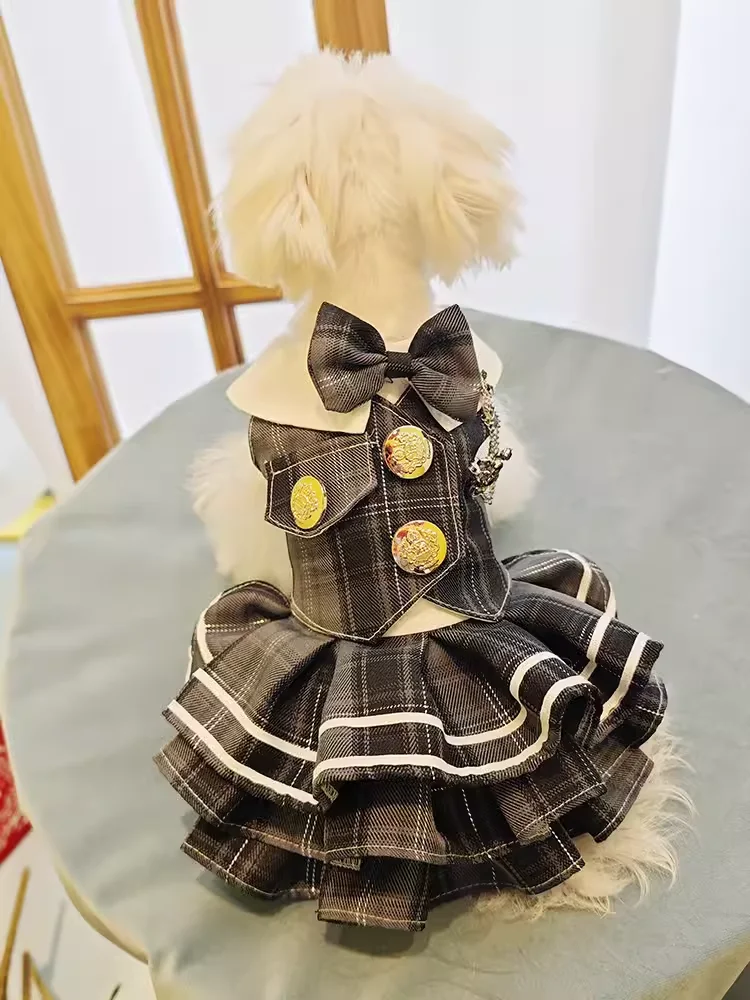 Handmade Unique Dog Clothes Pet Supplies Tartan Dress Classic School Uniform Cute Costume Pleated Skirt Daily Holiday Outfit