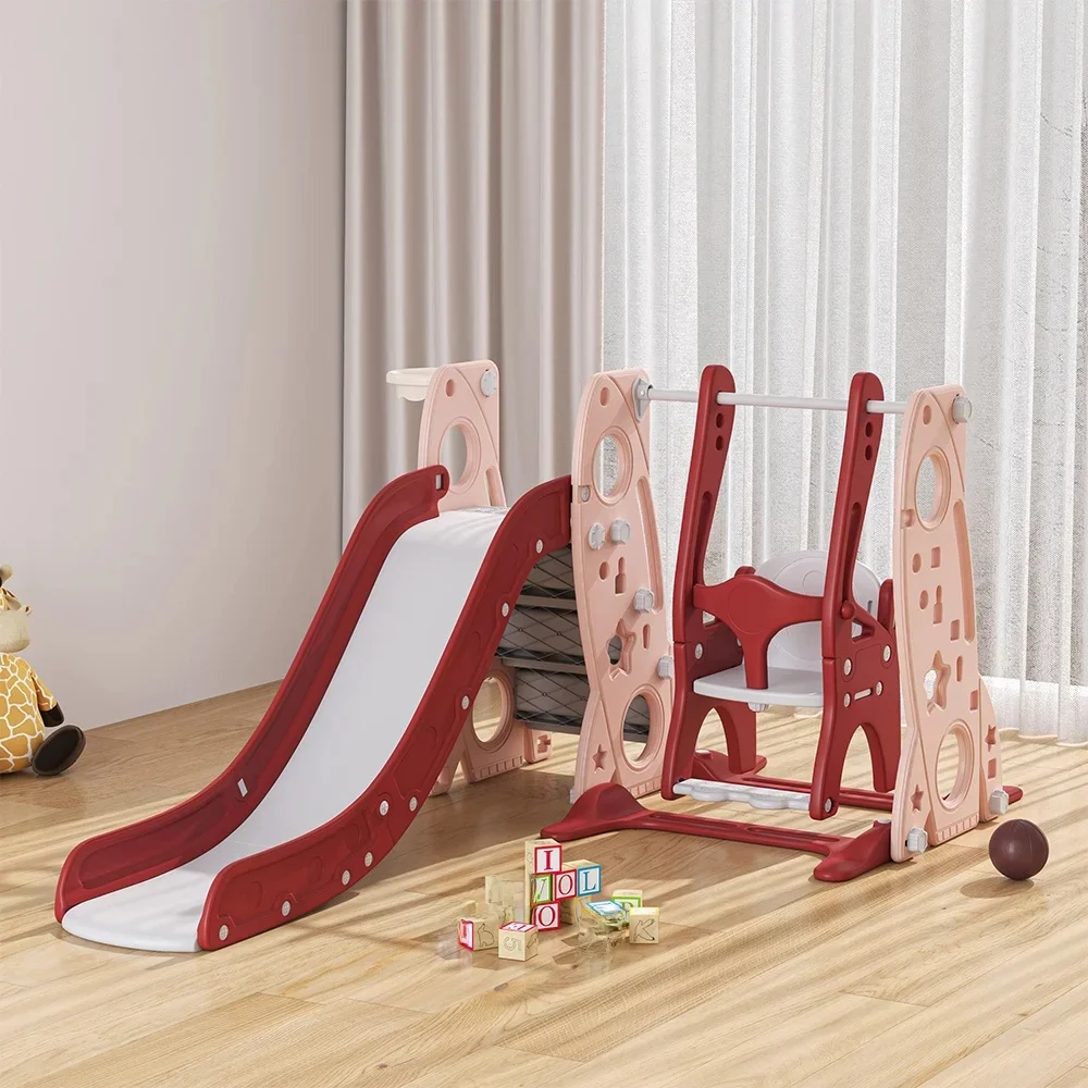 Voltsify Red Kids Swing And Slide Set With Basketball Hoop