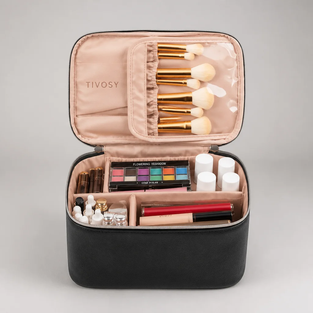 Tivosy Large Makeup Bag, Travel Toiletry Organizer with Adjustable Dividers & Brush Holder, Vegan Leather Case