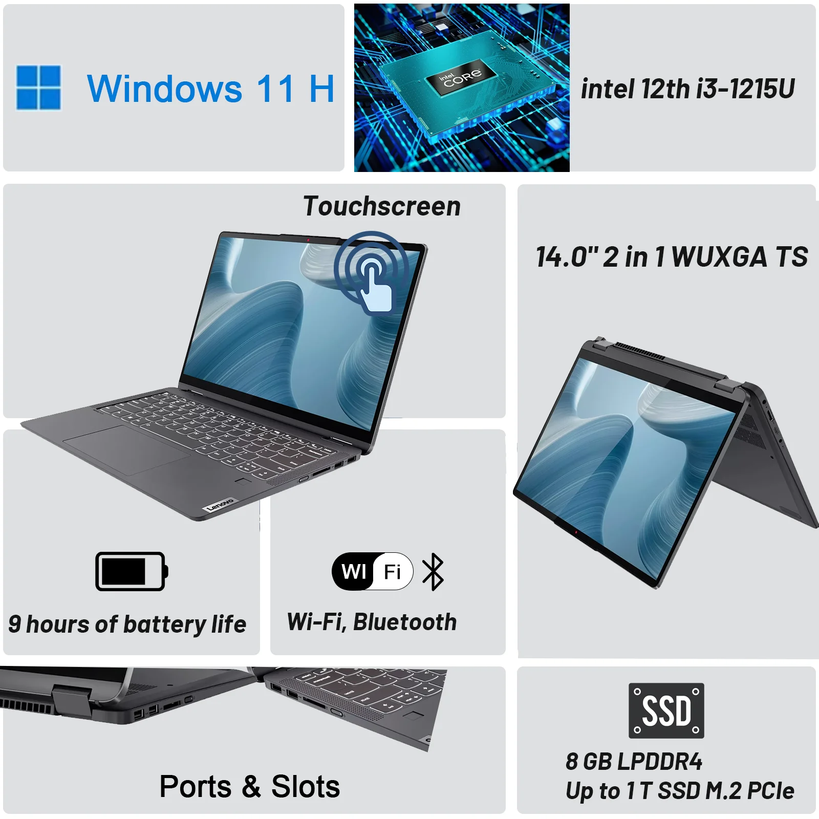 Lenovo 2024 flex 5i 14 "Touchscreen 2-in-1 Laptop, Intel Core i3-1215U, 14 Zoll fhd Touchscreen-Display, 8GB RAM, 1TB SSD,Win11