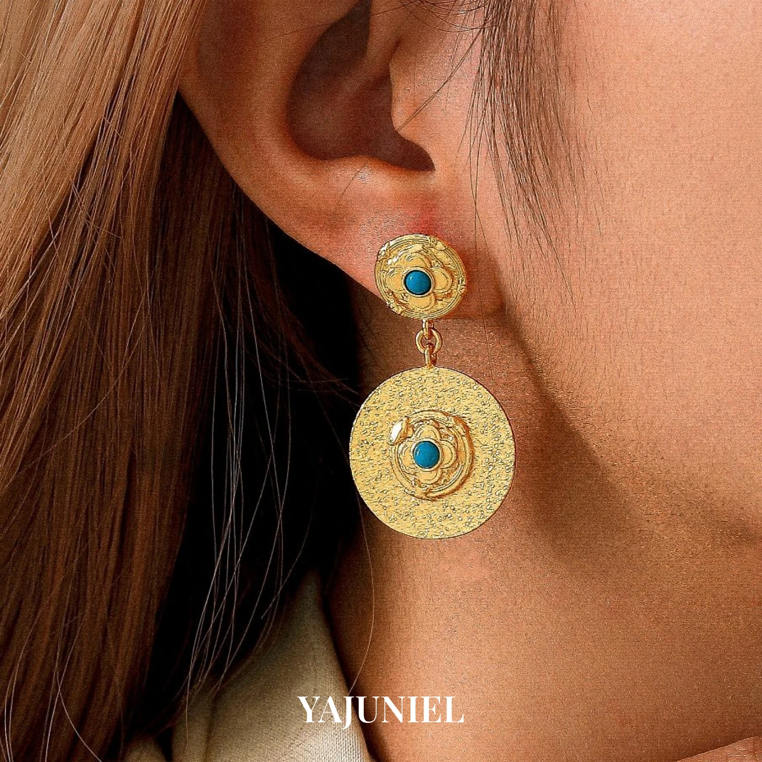 

YAJUNIEL 24K Gold Plated Textured Double Circle Dangle Earrings for Women Hypoallergenic Boho Medallion Earrings Jewelry Gift