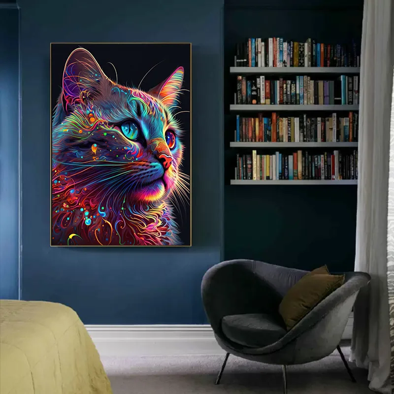 Neon Effect Dog and Cat Poster Canvas Printing Border Collie Morden Wall Art Decor Picture Animal Decor Aesthetic Home No LED