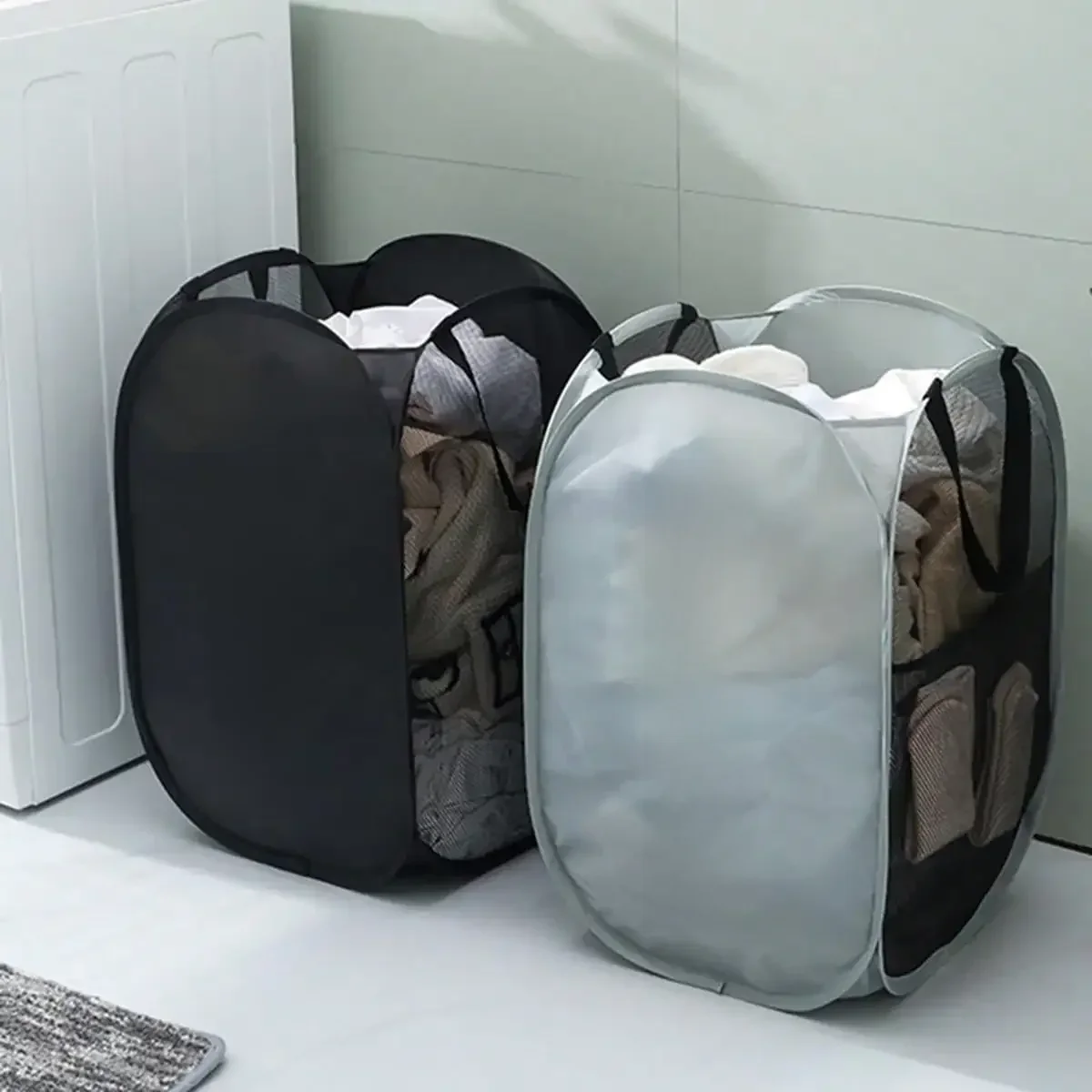 Przenośny siatkowy kosz na pranie Szeroko otwierany Oddychający składany oszczędzający miejsce kosz na pranie Dorm Travel Bathroom Items — zdjęcie 2
