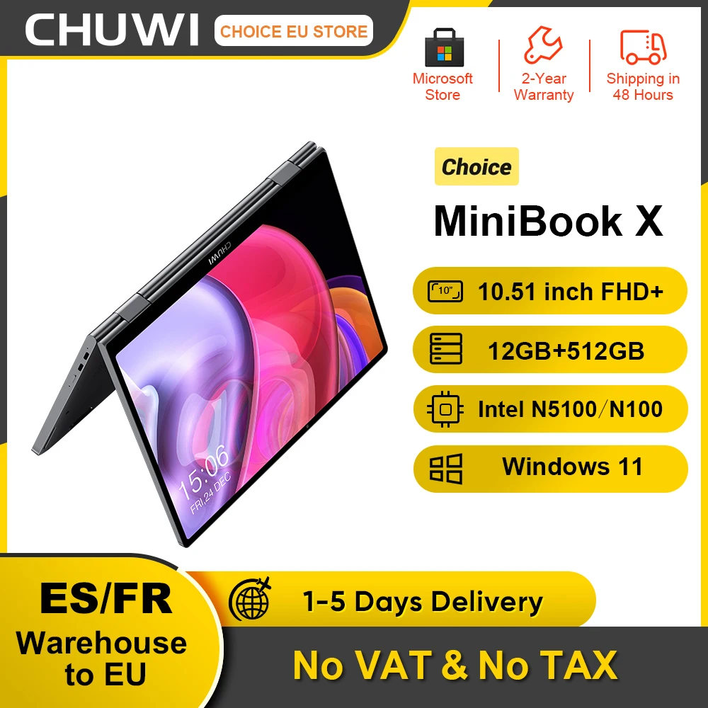 CHUWI MiniBook X Laptop 2-in-1 Yoga Mode Intel N100 N5100 10.51 Inch 12GB RAM 512GB SSD Windows 11 Notebook 360° Flipable WiFi 6