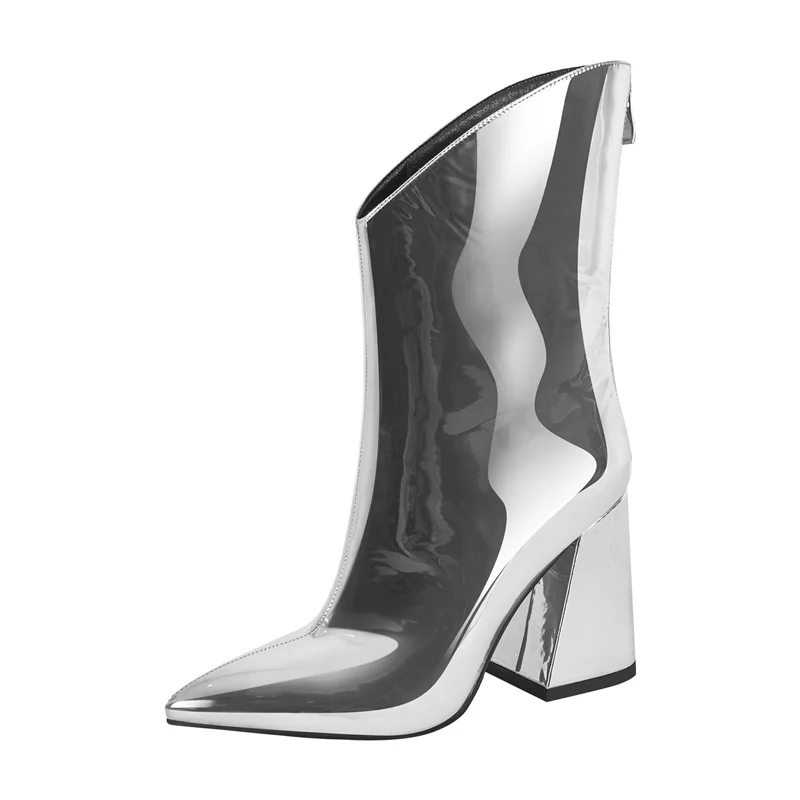 Onlymaker Women Silver Metallic Leather Chunky Heel Ankle Boots Big Size Fashion Zipper Booties