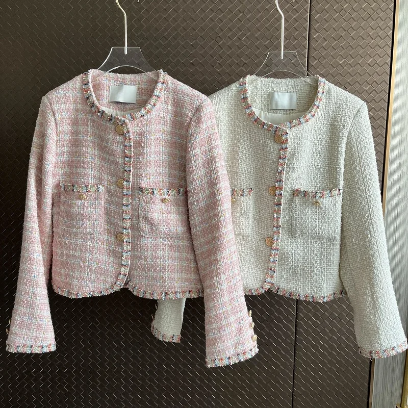 Autumn Short 2023 New Temperament Pink Fragrant Tweed Jackets Weaving Coat Outerwear Chaquetas