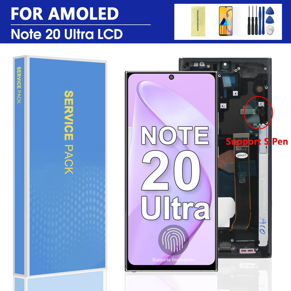 For AMOLED For Samsung Note 20 Ultra N986B N985 N985F Display Note20 Ultra 5G SM-N986F LCD Touch Screen Support Fingerprint