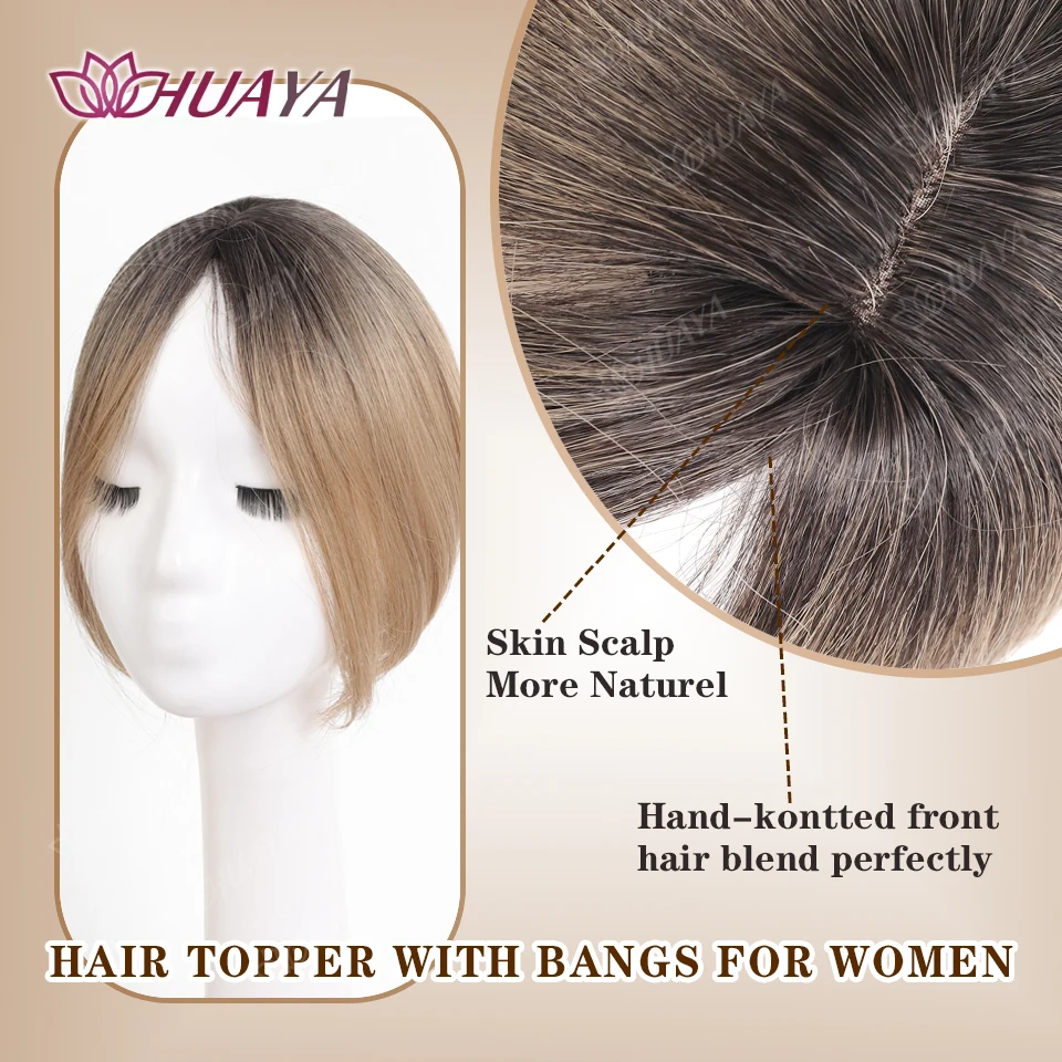 Synthetic Hair Topper With Middle-part Bangs  Brown Black Ombre Golden Invisible Toupee Hairpieces Top Hair Closures for Women image 4