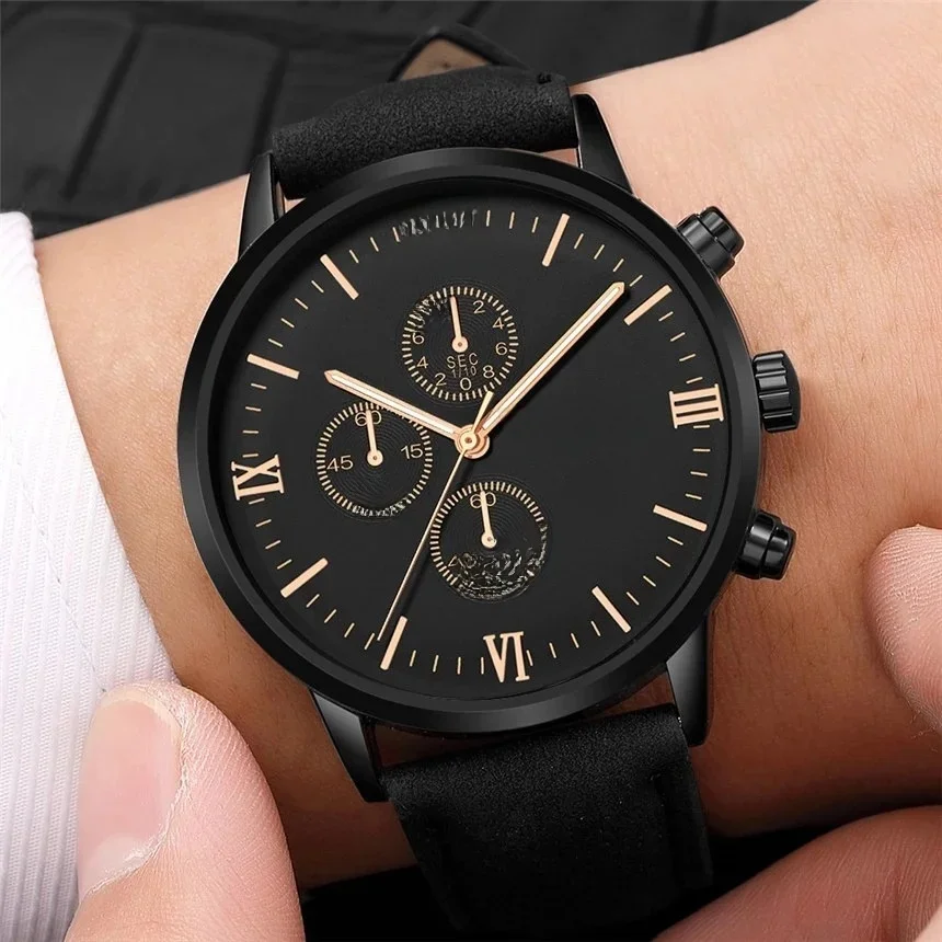 1/3PCS Herrenuhr Casual Lederband Analoge Quarzuhren mit Kalender
