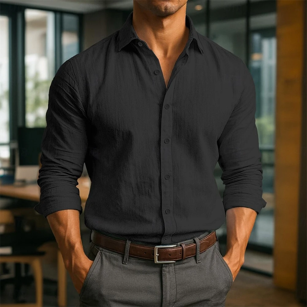 Men's Textured Long-Sleeve Shirt – Collared, Button-Down, Slim-Fit Solid-Color Shirt for Business Casual & Office Wear