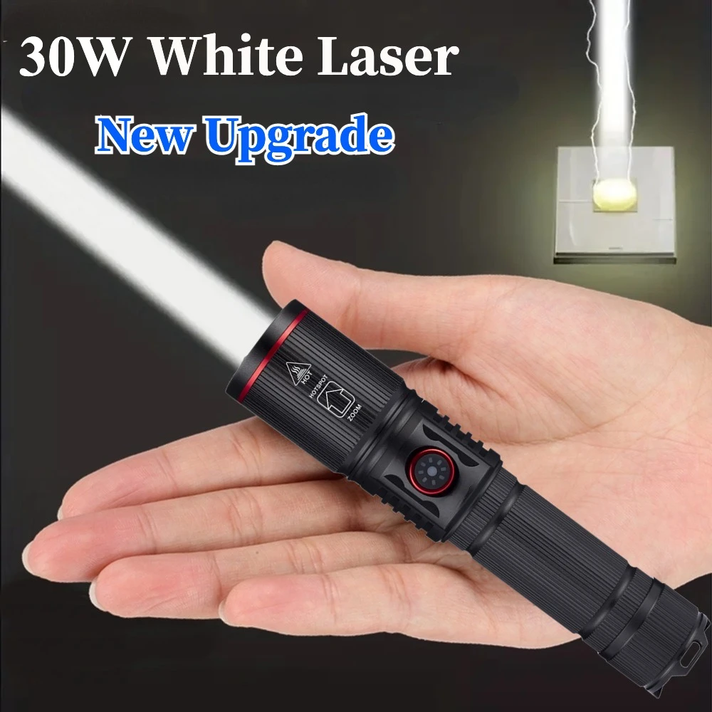 30W High Power White Laser LED Flashlight Type C Rechargeable Tactical Torch Camping Lamp for Outdoor Hunting Fishing Walking