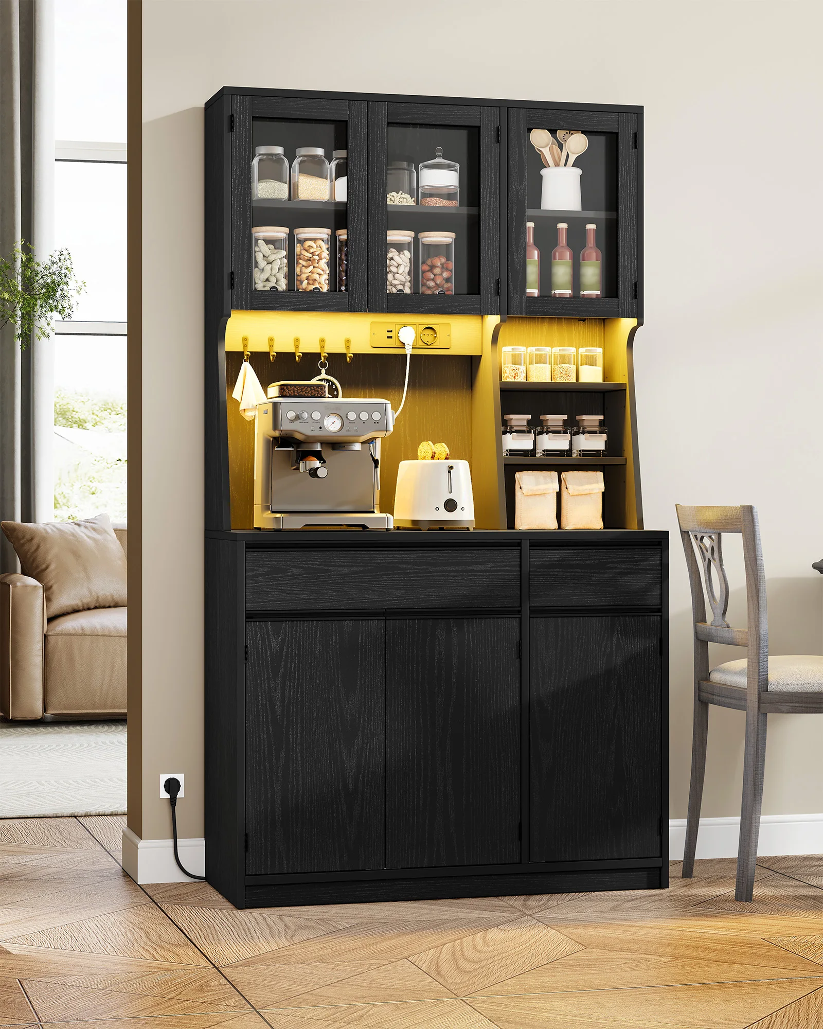 Armoire de cuisine noire, buffet avec prises et bandes lumineuses LED, avec plans de travail et deux tiroirs, étagères réglables, cuisine