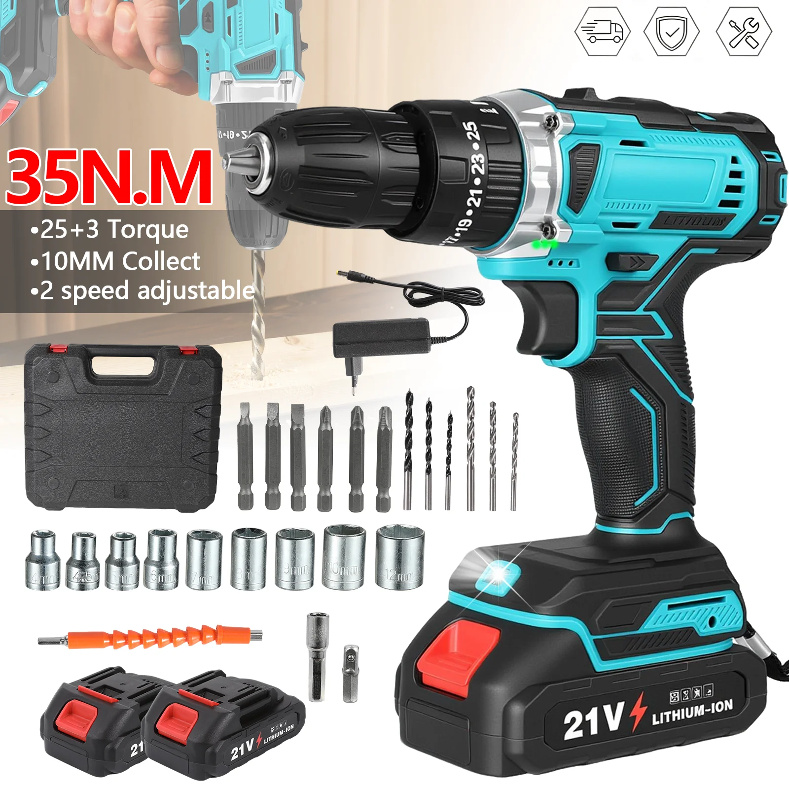 Taladro Eléctrico Inalámbrico de 21V, 35NM, 25+3 Configuraciones de Torque, Mandril de 1-10mm, 1500RPM, Kit de Herramientas para Bricolaje
