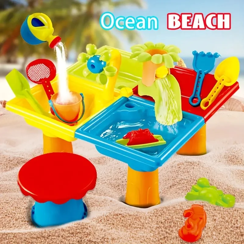 Beach Sand Play Toys Set para crianças, mesa aquática de areia, mar divertido, acessórios de praia, verão, jogos ao ar livre, 4 em 1, 25pcs