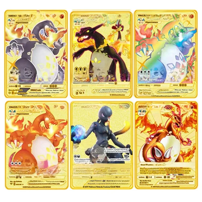 Carte Pokemon en métal, Version anglaise, figurine de dessin animé Pikachu Charizard Mewtwo, jeu de trading de combat, cartes de Collection, modèle de jouet, cadeaux