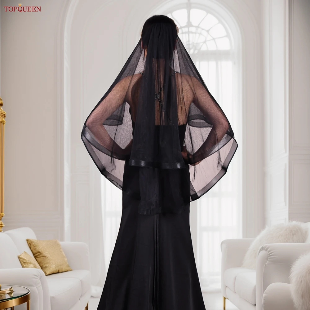 Youlapan Fashion Black Bridal Veil With Ribbon Edge Double Layer Soft Lace Veil Fingertip Wedding Party Accessory V69 With Comb