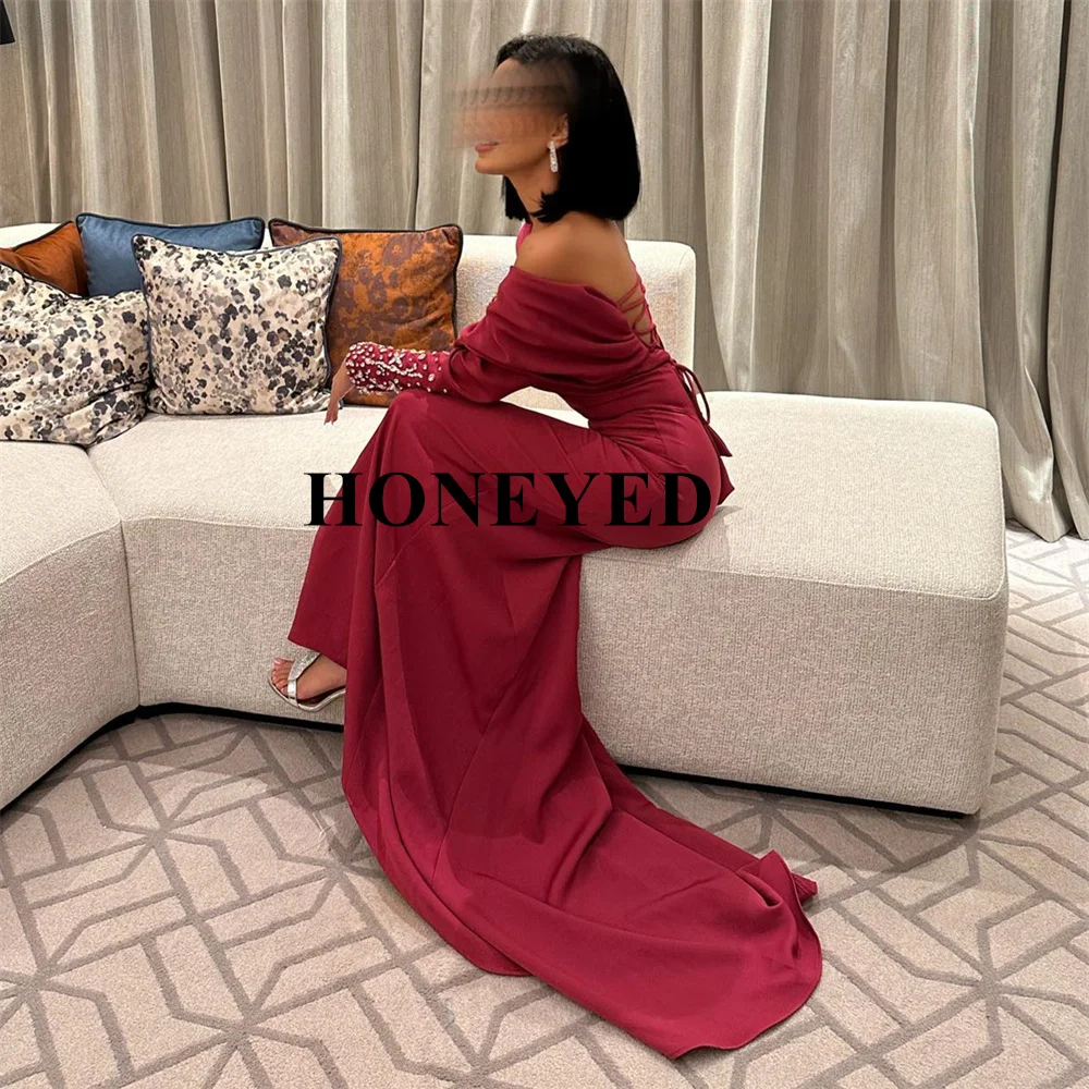 HONEYED 2024 Beads Long Sleeves Prom Dresses Off The Shouler Evening Dress Formal Saudi Arabia Cocktail Party Gowns Plus Size