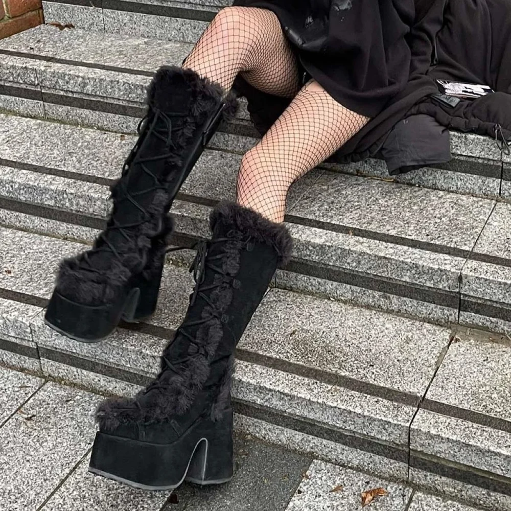 Knee High Boots For Womens Side Zipper Warm Faux Fur Platform Chunky Heel Punk Goth Walking Winter Snow Boots image 6