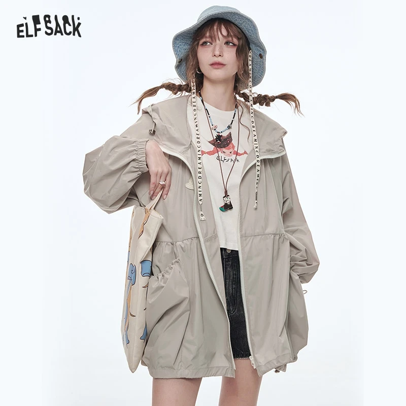 ELFSACK 2025 Spring New Arrivals Original Girls Printed Mid-Length Hooded Light Jacket Women Loose Female Outerwear