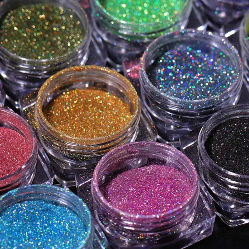 12Jars/Set Laser Shining Rainbow Nail Glitter Ultra-Fine Sparkly Holographics Pigment Rub Dusts Dazzling Chrome For Manicure&*&