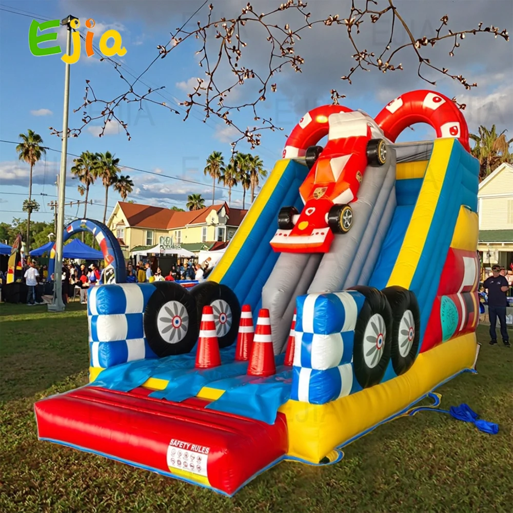 Double-Lane Car Theme PVC Grade Inflatable Bouncer Water Slide With Blower Jummping Bounce Slide For Outdoor Kids Entertainment
